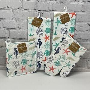 Nautical Beach Theme 4 Piece Kitchen Set 2 Dish Towels 1 Pot Holder 1 Oven Mitt